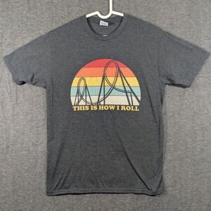 Roller Coaster Theme Park Retro Style Dark‎ Gray 100% Cotton T-Shirt Men Size M